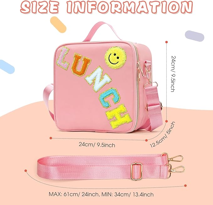 Insulated Lunch Bag Women Lunch Box Kids for Teen Girls Boys, Cute Preppy Lunch Boxes With Adjustable Shoulder Strap, Waterproof Nylon Lunchbox Lunch Bags for School Work Picnic (Light Pink)