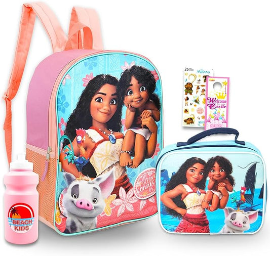 Disney Moana Backpack with Lunch Box Set - Bundle with 15" Backpack, Lunch Bag, Stickers, Water Bottle, More | Moana School Bag for Girls, Kids