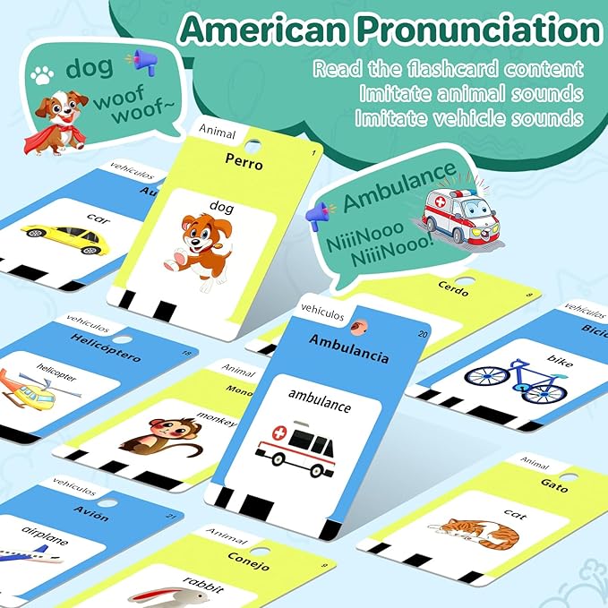 Spanish and English Talking Flash Cards for Toddlers 1 2 3 4 5 6 Year Olds, 420 Sight Words, Montessori Learning Toys, Pocket Speech Therapy Toys, Sensory Preschool Educational Birthday Gift