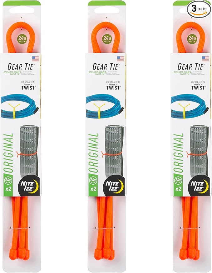 Nite Ize Gear Tie Original Reusable Rubber Twist Tie - Strong Bendable Wire for Indoor & Outdoor Use - Durable Rubber Exterior - Waterproof, UV-Resistant & Flexible Organizer - 24 inch (3 Pack)