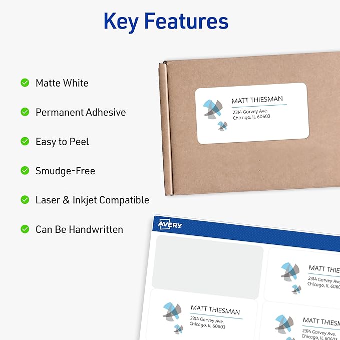 Avery Printable Shipping Labels with Sure Feed, 2" x 4" Customizable Stickers, White, 500 Blank Mailing Labels, Great for Mailing, Shipping, and More (5-Pack of 18163)