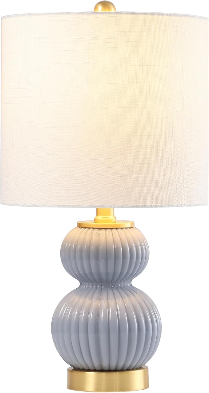 JONATHAN Y 20" Gray/Brass Gold Ribbed Gourd Glass Table Lamp, Modern Bedside Lamp for Bedroom Living Room, White Linen Drum Shade, LED Bulb Included (JYL1099C)
