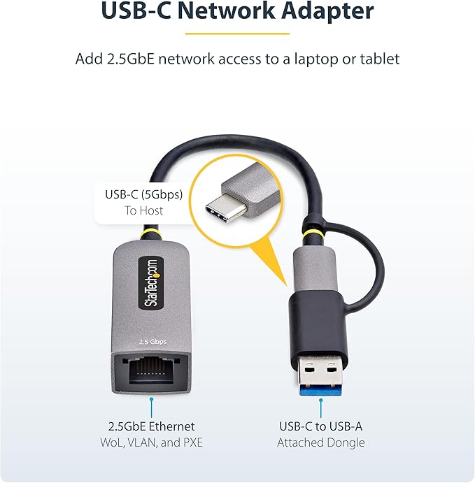 StarTech.com 2.5GbE USB-C to Ethernet Adapter with USB-A Converter, NBASE-T NIC, USB 3.0 Type-C 2.5/1G Multi Speed Network