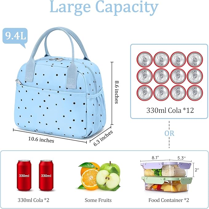 CAMTOP Lunch Box for Women Men Insulated Lunch Bag Lunch Tote Bag Leakproof Thermal Cooler Large Capacity for Travel Work School Picnic (Blue Black Dots)