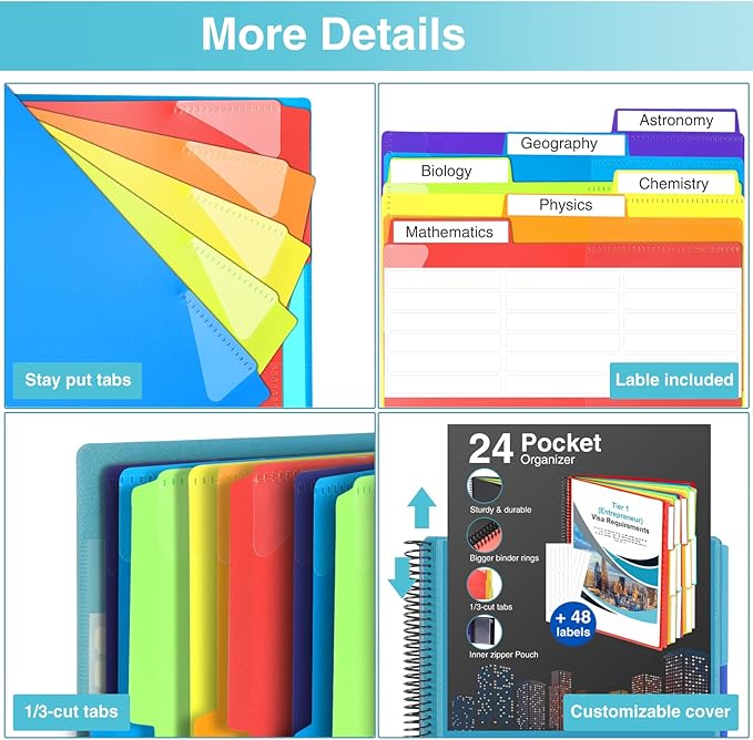 Forvencer 24 Pocket Project Organizer, 1/3-cut Tab Binder Organizer with Sticky Labels, Multi Pocket Folder with Zipper Pouch, Folder Binder Spiral Pocket Notebook, Office Supplies