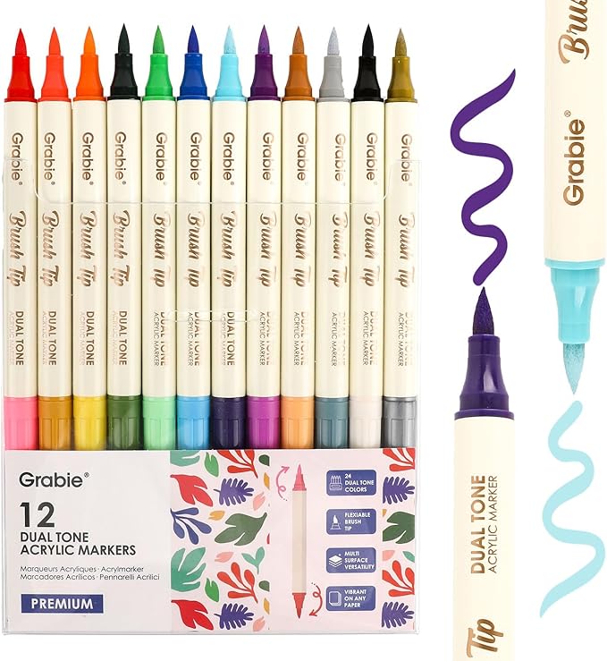 Grabie 24 Colors Paint Markers, Acrylic Paint Pens with 12 Dual-Color Brush Tips, Dual Tone Acrylic Markers for Rocks, Acrylic Paint Markers for Art Supplies (24 Colors)