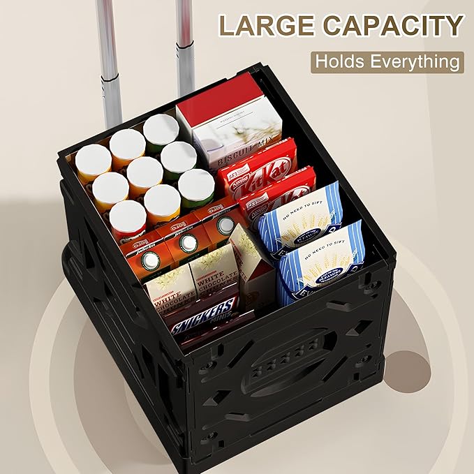 VECELO Rolling Carts with Wheels, Foldable Utility Cart, Light Weight Platform Trucks Dolly, with Recessed Design for Lids, 4 Heavy Duty Wheels, Ideal for Shopping, Camping, Teachers, Elegant Black