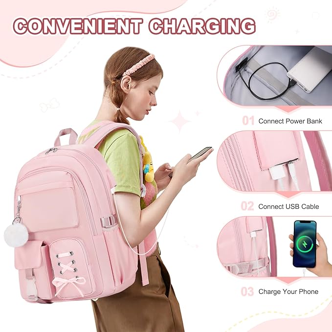 Backpacks for Girls, Girls Backpack with Lunch Box & Pencil Pouch for Teens Girl Kids Elementary Middle High School College Student Bookbag Daypack Laptop Travel Backpack for Women (Pink)