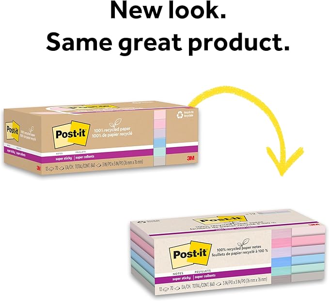 Post-it 100% Recycled Paper Super Sticky Notes, 3 in. x 3 in., 12 Pads, 70 Sheets per Pad, Wanderlust Pastels, New Year Organization or Second Semester School Supplies