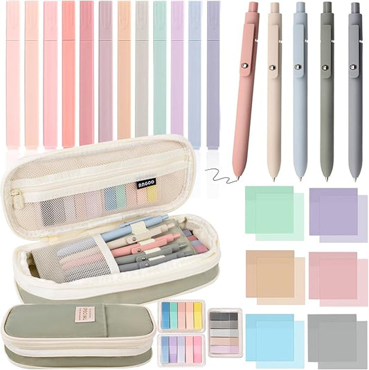 27 Pcs Aesthetic School Supplies Include 12 Pcs Aesthetic Highlighters Bible 1 Ppcs Big apacity Pen Case Bag 5 Pcs Retractable Quick Dry Gel Ink Pens 9 Pads Clear Sticky Tabs for School Office Home