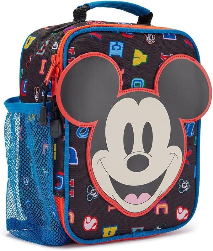 Disney Store Official Mickey Mouse Letters Insulated Lunch Box - Mickey Mouse Lunch Bag for Kids with Double Zip Pull, Embroidered Details, Screen Art, Mesh Pocket, ID Label - Perfect for School