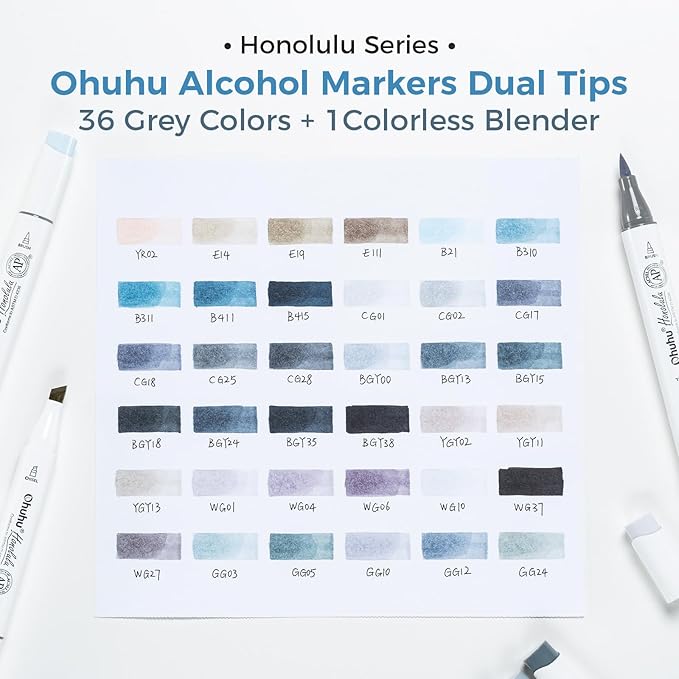 Ohuhu Grayscale Alcohol Markers Brush Tip- Double Tipped Alcohol Based Art Marker Set for Artist Adults Coloring Illustration Shading Layering- 36 Grey-tone Colors- Chisel& Brush- Honolulu- Refillable