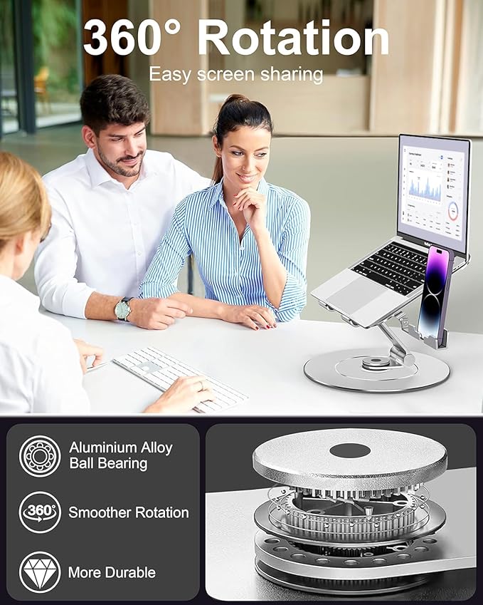 Laptop Stand with Phone Holder, Adjustable Laptop Stand, Aluminum Computer Mount Holder, Ergonomics Laptop Riser for Desk, Fits MacBook, up to 17.3" All Notebooks Silver