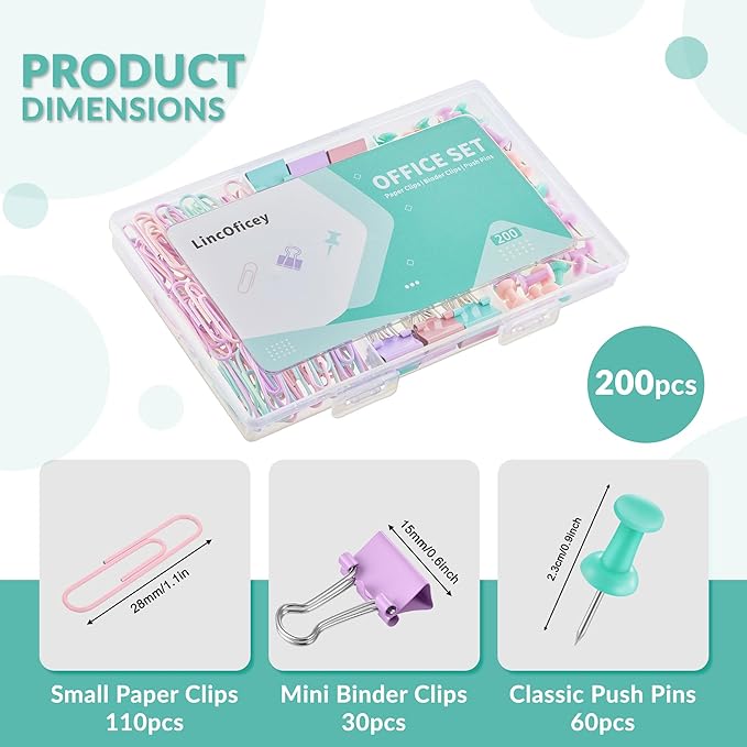 200pcs Paper Clips Binder Clips and Push Pins Set, Mini Clips and Thumb Tacks for Multipurpose Document Organization (Multicolor)