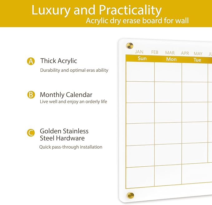 Acrylic Calendar Dry Erase Board for Wall,15.7''x11.8'', Golden Monthly Calendar Whiteboard for Home,Office, School