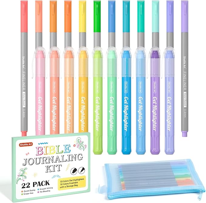 Shuttle Art Bible Highlighters and Pens No Bleed, 22 Pack Bible Journaling Kit, 10 Colors Gel Highlighters and 12 Colors Fineliner Pens with a storage bag, Bible Markers No Bleed Through