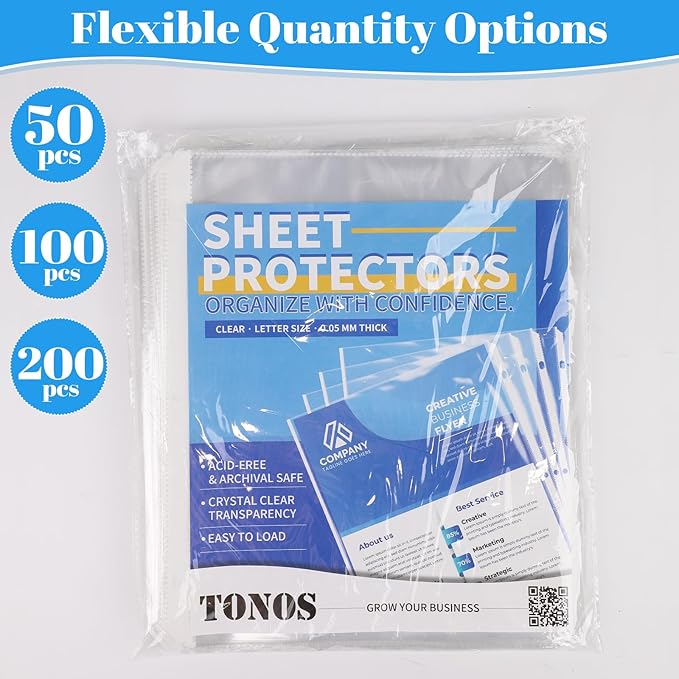 100 Pack Sheet Protectors for 3 Ring Binder - Clear Page Protectors & Plastic Sleeves for Paper 8.5x11 Inch, Binder Sleeves and Paper Protector Sheet for Document, Letter Size, Top Loading