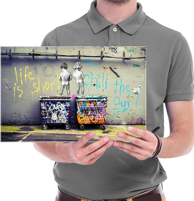 Wieco Art Gallery Wrapped Canvas Prints Life is Short Chill the Duck Out Banksy Boys Artwork Reproduction Graffiti Poster Print on Canvas Wall Art for Bedroom Home Office Decorations