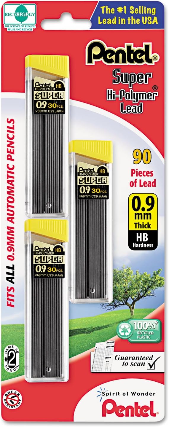 Pentel Super Hi-Polymer Lead Refills, (0.9 mm), Thick, HB, Pack of 3, 90 Pieces of Lead (C29BPHB3)