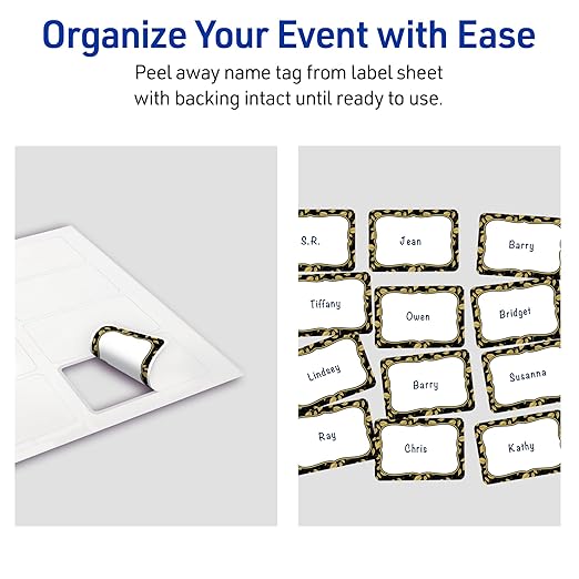 Avery Printable Adhesive Name Badges, 2-1/3" x 3-3/8", Pre-Printed Flourished Black Border w/Golden Leaves Design, Matte White, Laser & Inkjet Compatible, 80 Total