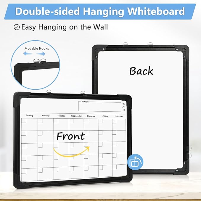 Small Calendar Dry Erase Whiteboard for Wall, 16" x 12" Magnetic Dry Erase Board, Double-Sided Hanging Monthly White Board Calendar for Drawing, Kitchen, Planning, Memo, Home, Office（ Black）