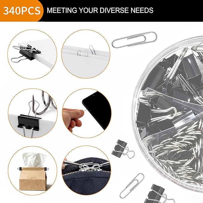 340PCS Paper Clips Binder Clips Paperclips Small Binder Clips Paper Clips Assorted Sizes Office Supplies School Supplies