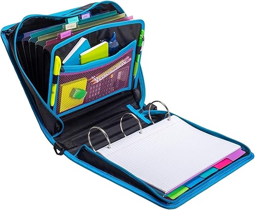Case-it Mighty Zip Tab School Zipper Binder | 3-Inch O-Rings, 600-Sheet Capacity, 5-Subject Expanding File Folder, Multiple Pockets & Storage Organizer, Shoulder Strap | D-146 Monster Design Purpal