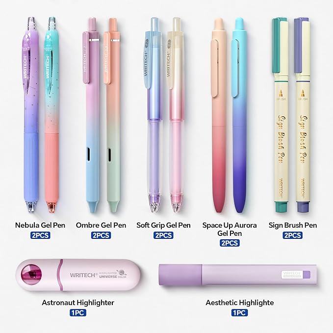 WRITECH Gel Ink Pens Journaling: Aurora Wonderland Pen Set, Gradient Barrels Black Ink Pens Pastel Highlighters Brush Markers, No Bleed Smooth Writing Drawing Gift for Friends 12ct
