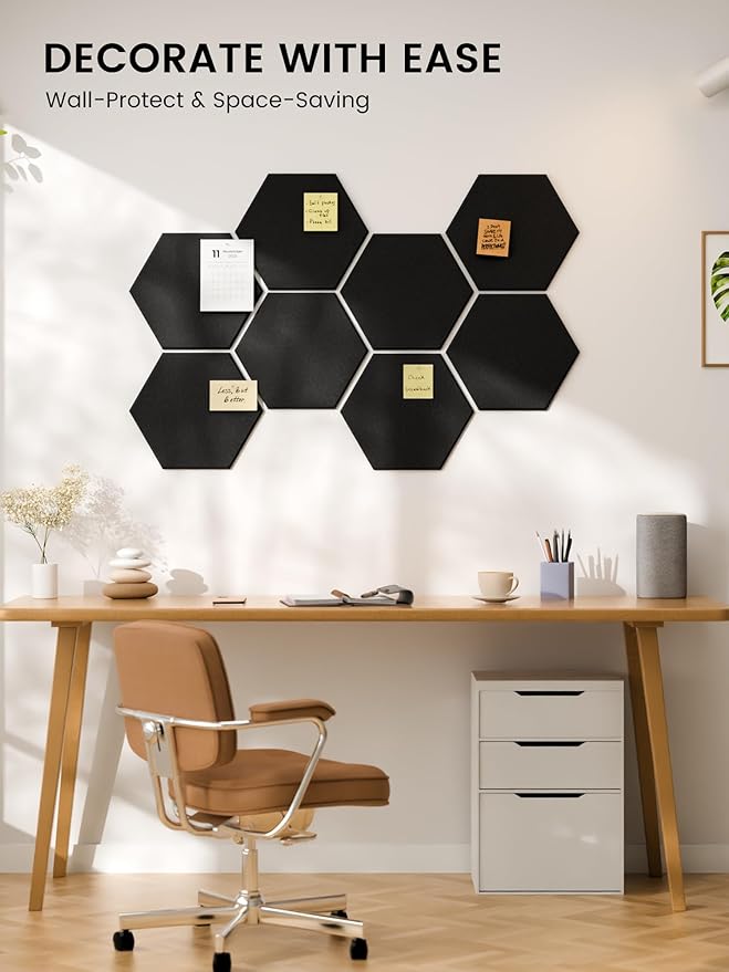 Fluxynara Hexagon Cork Board Alternative for Walls Decor-8-Pack Felt Bulletin Board Tiles,with 30 Pushpins,50 Adhesive Tabs for Office,Classrooms & Home Pin Board Felt Board-Black