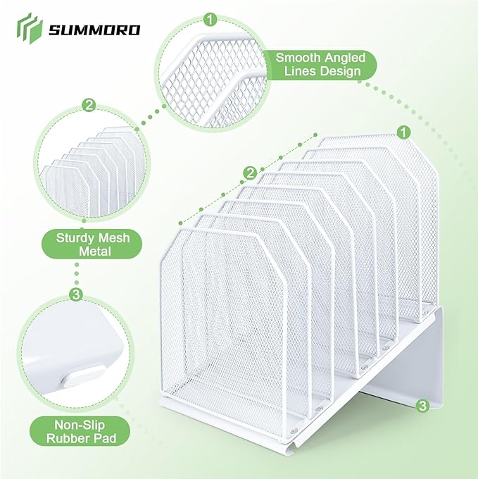 Inclined File Organizer for Desk, 7-Tier Vertical File Folder Holder Office Desk Organizer Metal Rack File Wire Mesh Desktop Document Sorter for Office School Classroom Home (White)