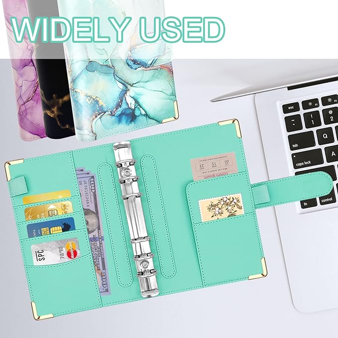 A6 Refillable 6 Ring Faux Leather Budget Binder,Mini Notebook Binder Cover for A6 Filler Paper,Loose Leaf Personal Planner Cover with Magnetic Buckle Closure (Marble Green)