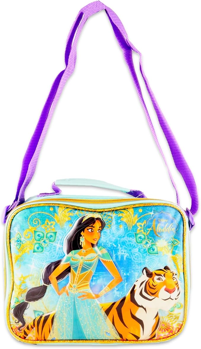 Disney Aladdin Backpack and Lunch Box Set for Kids - Bundle with 12" Princess Jasmine Mini Backpack, Jasmine Lunch Bag, Stickers, Water Bottle, More | Aladdin Mini Bag for Girls
