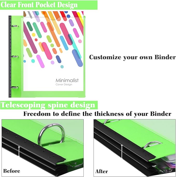 INFUN 1 Inch 3-Ring Telescoping Project Organizer Binder,13 Pocket, Customizable Front Cover, 5 Colors Pocket Divider and Plastic Binder Pocket，225 Sheet Capacity-Green