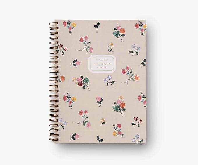 RIFLE PAPER CO. Ditsy Dahlia Spiral Notebook, Full-Color Illustrated Softcover with Gold Foil Accents, 150 Ruled Perforated Pages, 6.25" W x 8.5" L, Pocket Folders for Storage