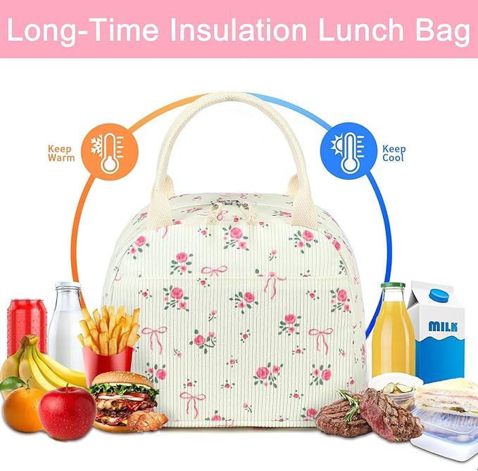 LEDAOU Lunch Box for Women Insulated Lunch Bag Corduroy Lunch Tote Bags Leakproof Cooler Lunch Case for Travel Work Picnic (Bow Floral)