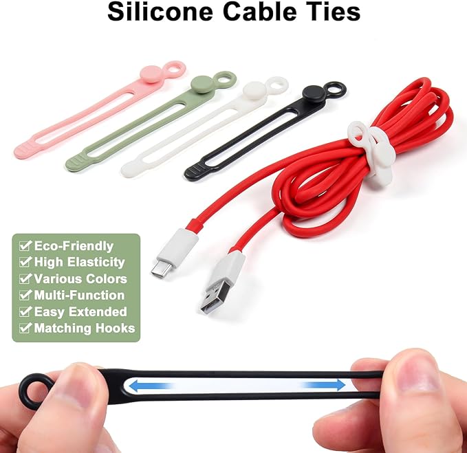 OneLeaf 48Pcs Silicone Cable Ties, Elastic Cord Ties for Cable Organizer, Reusable Wire Management, Cord Organizer Essentials, Multipurpose Cable Management for Travel/Portable/Office/Home Desk
