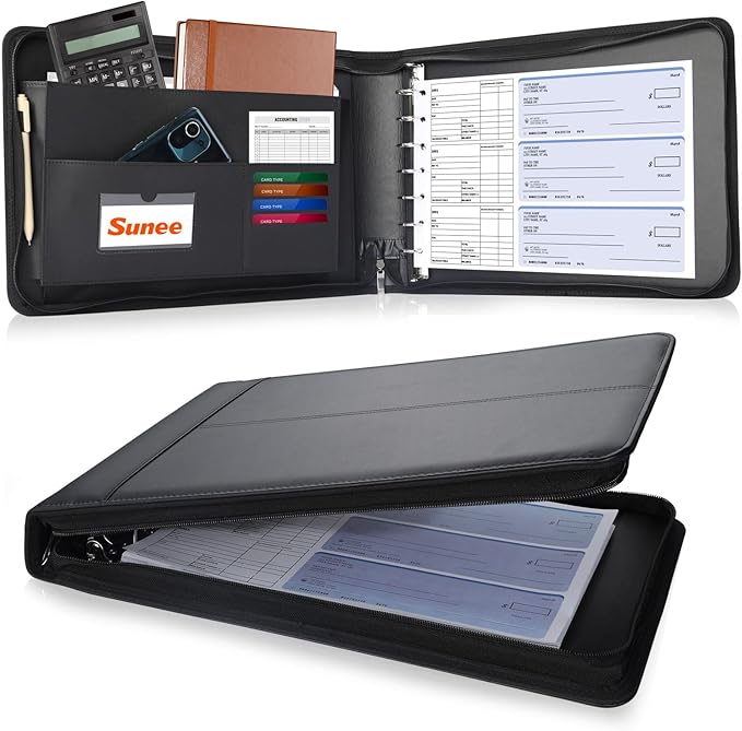 SUNEE Zippered Business Checkbook Binder 7 Ring 1 Inch with Zipper for Business Checks (9" x 13"), PU Leather Check Binder Holds 600 Checks Capacity for Executive Supplies, Black