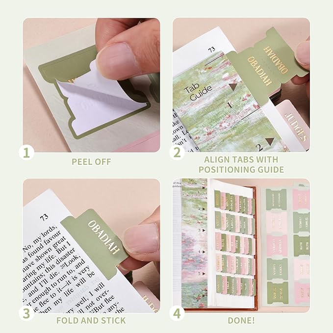 Bible Tabs, 66 Gold Foil Pre-Printed Chapter Labels + 39 Blank Water Lilies Theme Laminated Index Tabs with Alignment Ruler, Bible Journaling Study Supplies for Women & Men, Bible Sticker Accessories
