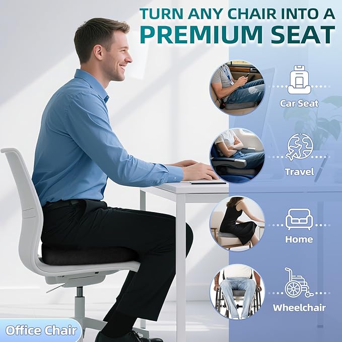 Seat Cushion for Office Chair Memory Foam Coccyx Pain Relief Cushion Pillow for Back Support Non-Slip Seat Pad for Office Desk (Black)