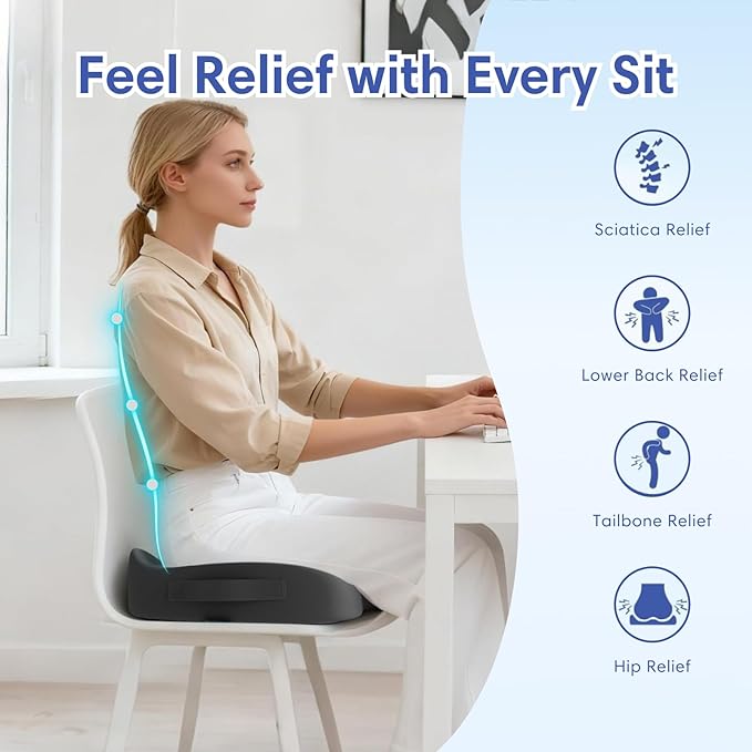 Large Memory Foam Seat Cushion for Office Chair, Car, Desk, Truck & Wheelchair - Tailbone, Coccyx & Sciatica Pain Relief Pillow - Ergonomic Back Support Portable Pad for Long Sitting & Driving