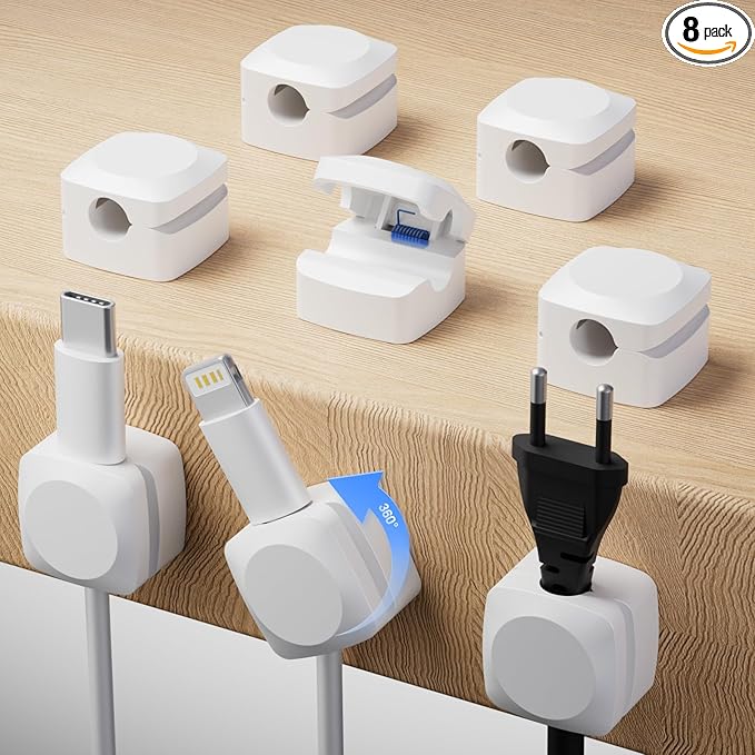 Rotatable Cord Organizer, Enhanced Spring Cable Clips, Strong Adhesive Cable Management, Desk Cord Holder for Nightstand, Office Accessories and Car (8*White)