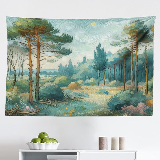 Ambesonne Forest Tapestry, Trees Bushes Sky with Dramatic Brush Stroke Effects Post-Impressionism, Fabric Wall Hanging Decor for Bedroom Living Room Dorm, 45" X 30", Cadet Blue Green Amber
