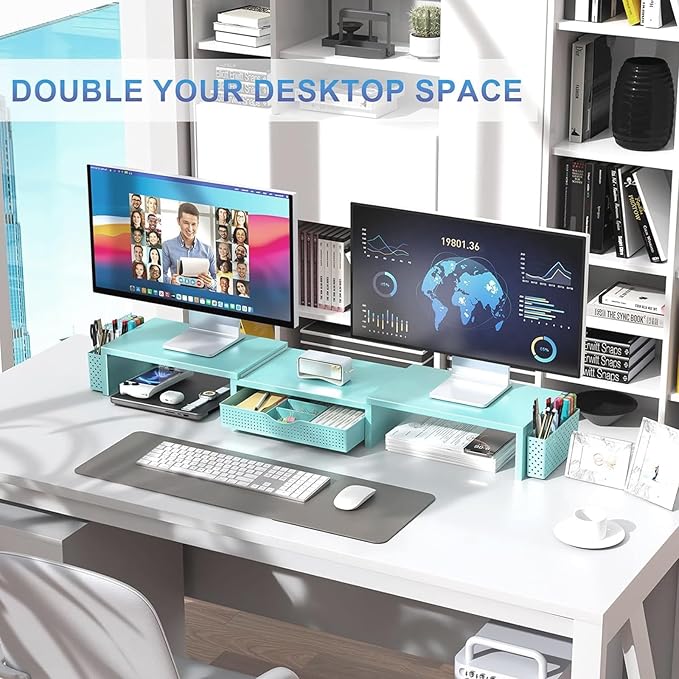 gianotter Dual Monitor Stand Riser, Desk Organizer With Drawer and 2 Pen Holders, Monitor Stand for Desk, Office Decor Essentials (Blue)