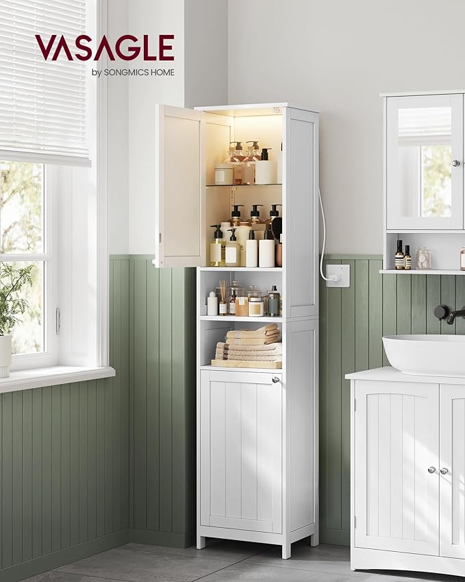 VASAGLE Tall Bathroom Cabinet with Lights, Slim Freestanding Bathroom Storage Cabinet with Adjustable Shelves, for Small Spaces, Modern, 15.7 Inches Wide, Cloud White UBBC766W02
