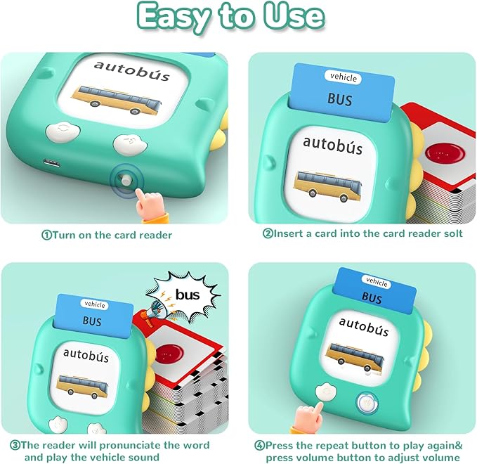 Kidzdo 520 Spanish English Talking Flashcards for Toddlers 2 3 4 5 6 Years Old, Birthday Present Easter Gift for Boys and Girls, Pocket Speech Therapy Toys Helps Language Speaking, Green