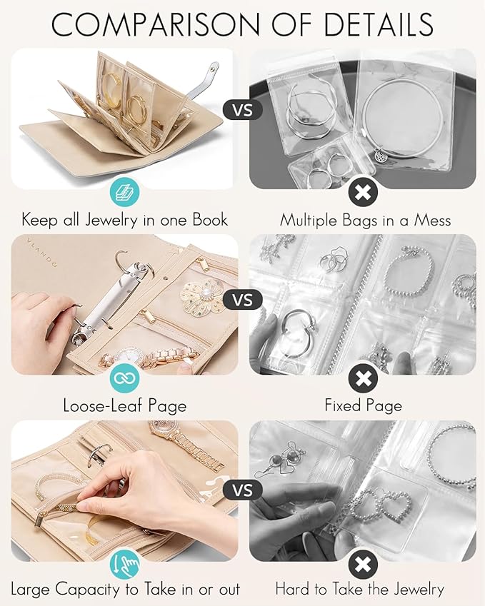 Vlando Travel Jewelry Case,Jewelry Organizers and Storage Jewelry Book Ring Binder with Clear Zipper Velvet Jewelry Pouches Bags for Rings,Necklace,Earrings-Silver