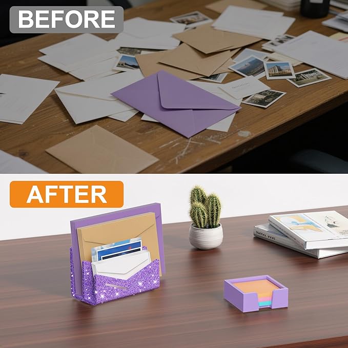 Beego Envelope and Mail Organizer Countertop - 2 Compartments Glitter Purple Acrylic Desk Organizer Letter Holder Desktop File Sorter Bill Document Folder Rack for Office, Home, School