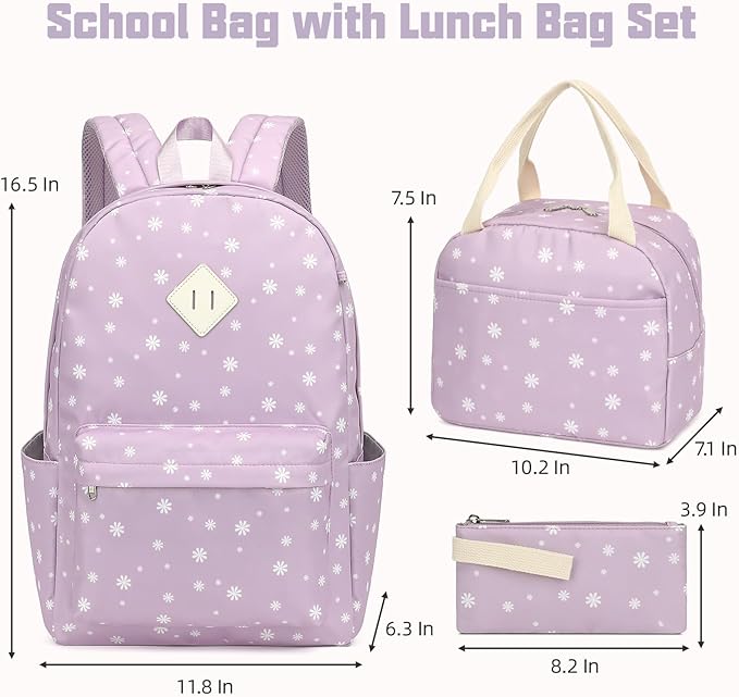 Flowers School Backpack for Girls, 3PCS Bookbags Set with Lunch Box Pencil Pouch Elementary Middle School Bag Laptop Back Packs (Daisy Purple)