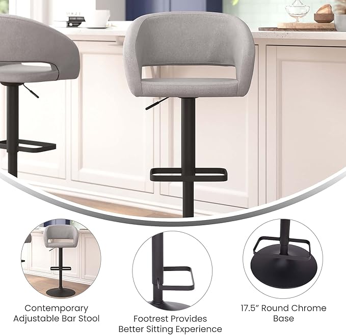 Flash Furniture Erik Comfortable & Stylish Contemporary Barstool with Rounded Mid-Back and Foot Rest, Adjustable Height - Gray Fabric with Black Base