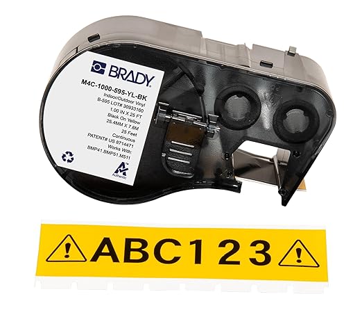 Brady Authentic (M4C-1000-595-YL-BK) All-Weather Vinyl Labels 1 in W x 25ft Black on Yellow. for use with BMP41, BMP51, M410, M510, and M511 Label Printers.